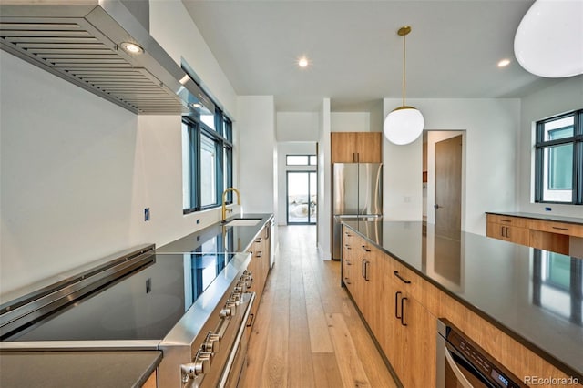 kitchen featuring sink, appliances with stainless steel finishes, hanging light fixtures, exhaust hood, and light wood-type flooring