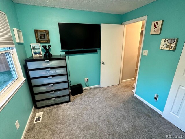 carpeted bedroom with a textured ceiling