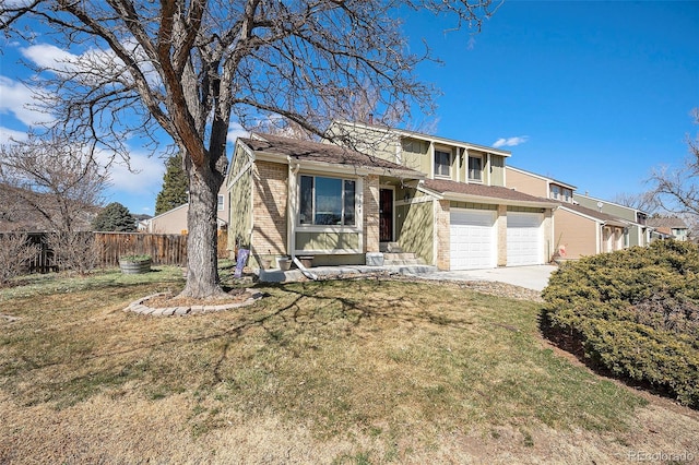 view of front of home featuring fence, a front lawn, concrete driveway, a garage, and brick siding