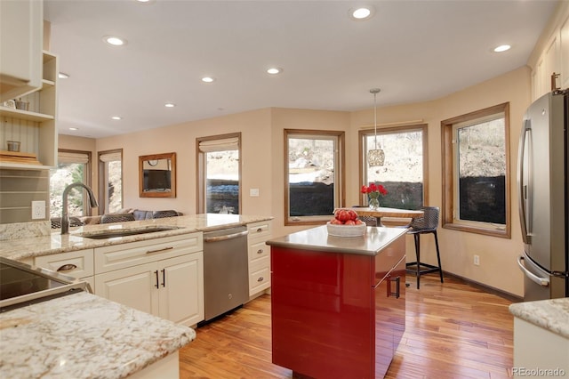 kitchen with a wealth of natural light, stainless steel appliances, and light hardwood / wood-style floors