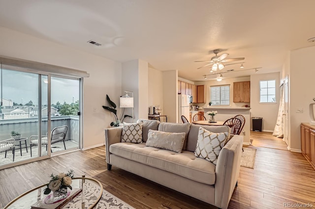 14700 E 104th Ave Unit 2802, Commerce City, CO 80022 - living room with a ceiling fan, light wood-type flooring, baseboards, and track lighting