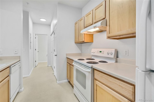 5255 Memphis St Unit 317, Denver, CO 80239 - kitchen with white appliances, under cabinet range hood, light brown cabinetry, light countertops, and light floors