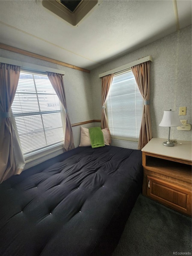 carpeted bedroom with multiple windows and a textured ceiling