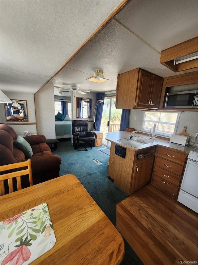 10795 County Road 197a Unit 290, Nathrop, CO 81236 - kitchen with stainless steel microwave, white stove, a textured ceiling, open floor plan, and a sink