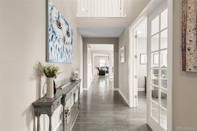 hallway with dark hardwood / wood-style flooring and french doors