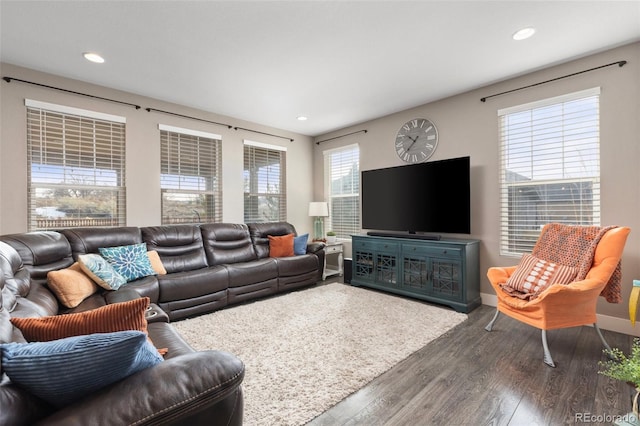 living room featuring dark wood-type flooring