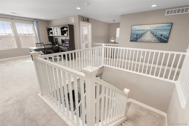 staircase featuring carpet flooring