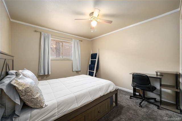 8210 W 72nd Pl, Arvada, CO 80005 - bedroom with dark carpet, crown molding, baseboards, and ceiling fan