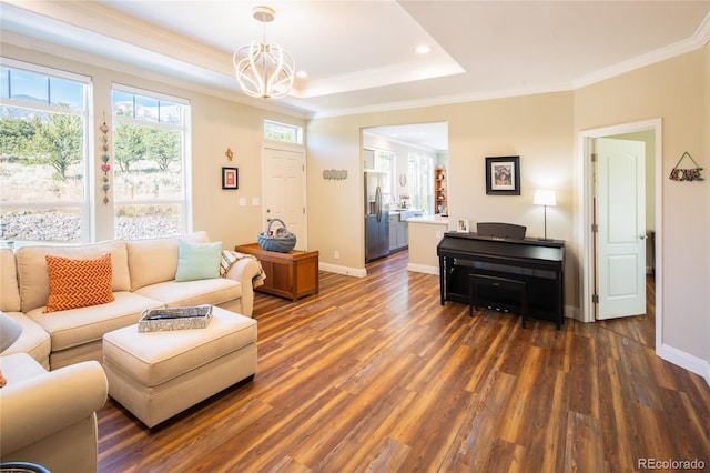2037 Lost Cave Way, Crestone, CO 81131 - living area with ornamental molding, dark wood-style floors, a chandelier, baseboards, and a raised ceiling