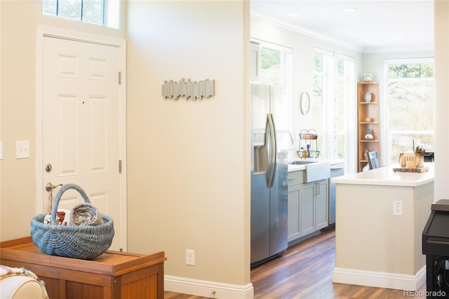 2037 Lost Cave Way, Crestone, CO 81131 - kitchen featuring appliances with stainless steel finishes, dark wood-style flooring, ornamental molding, light countertops, and baseboards