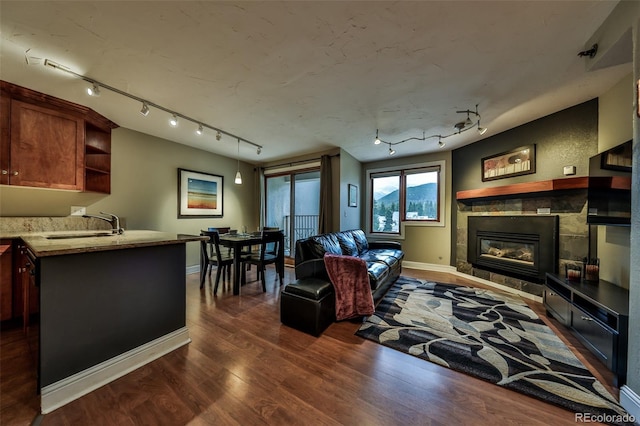 310 Iron Horse Way Unit D5034, Winter Park, CO 80482 - living room featuring rail lighting, dark wood-style floors, a fireplace, and baseboards