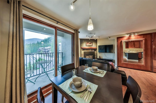 310 Iron Horse Way Unit D5034, Winter Park, CO 80482 - dining area featuring rail lighting, wood finished floors, a tiled fireplace, and healthy amount of natural light