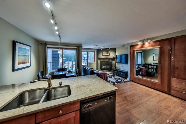 310 Iron Horse Way Unit D5034, Winter Park, CO 80482 - kitchen with black dishwasher, track lighting, a fireplace, a sink, and wood finished floors