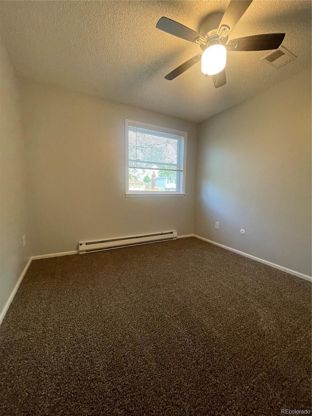 2617 S Cimarron St, Aurora, CO 80014 - carpeted spare room featuring a baseboard heating unit, baseboards, a textured ceiling, and a ceiling fan