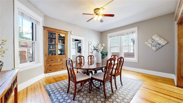 dining room with light wood finished floors, ceiling fan, and baseboards