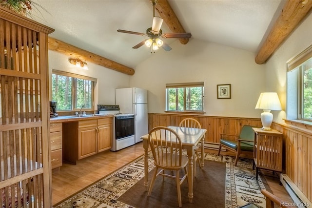 kitchen featuring sink, white appliances, plenty of natural light, and baseboard heating