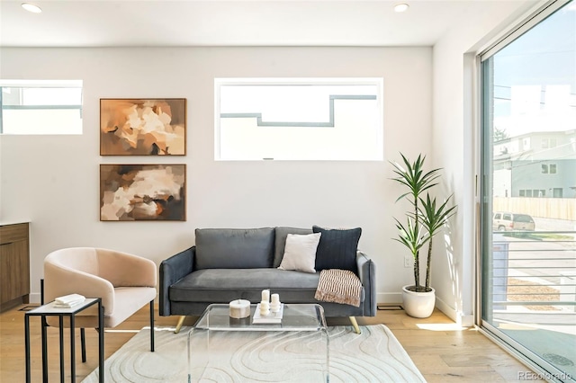 living room with a healthy amount of sunlight and light hardwood / wood-style floors