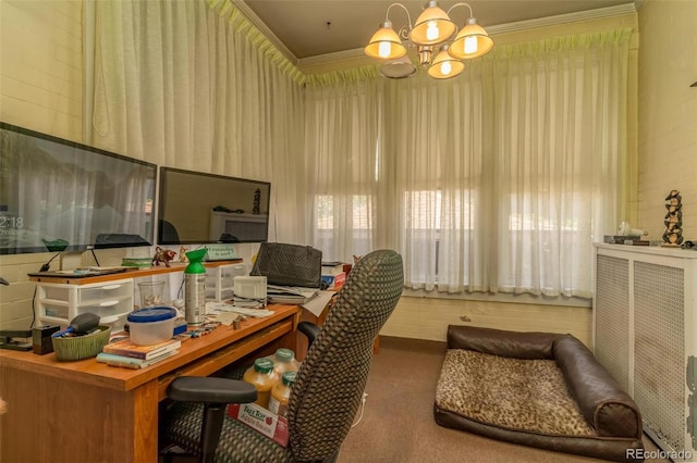 carpeted office space with a chandelier and ornamental molding