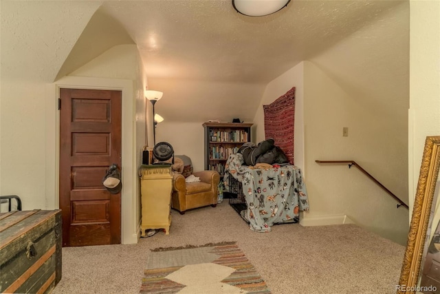 interior space with carpet flooring, a textured ceiling, and vaulted ceiling