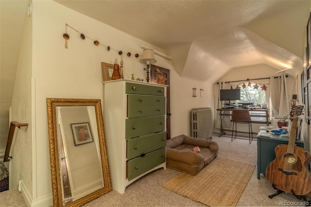 living area featuring a textured ceiling, radiator, carpet floors, and vaulted ceiling