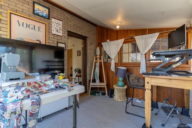 interior space featuring wood walls, brick wall, and vaulted ceiling