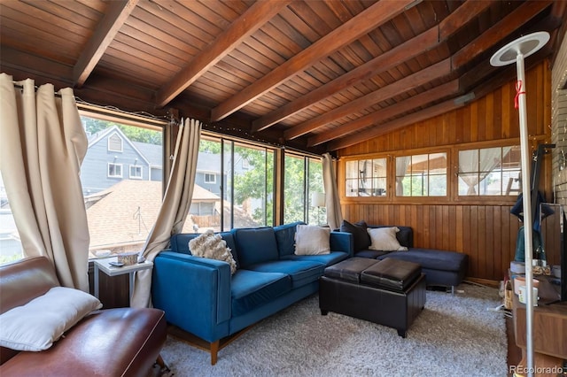 sunroom / solarium with lofted ceiling with beams and wooden ceiling