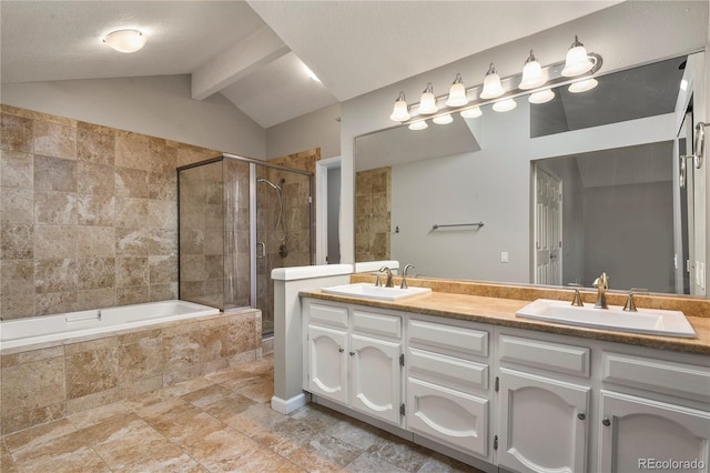 bathroom featuring vanity, separate shower and tub, lofted ceiling with beams, and a textured ceiling