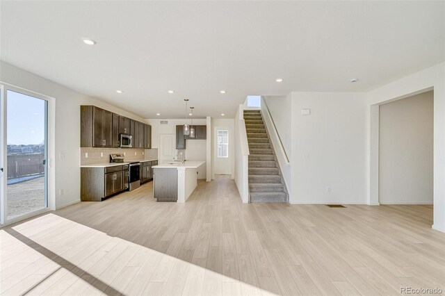 kitchen with backsplash, stainless steel appliances, light hardwood / wood-style flooring, a center island, and hanging light fixtures