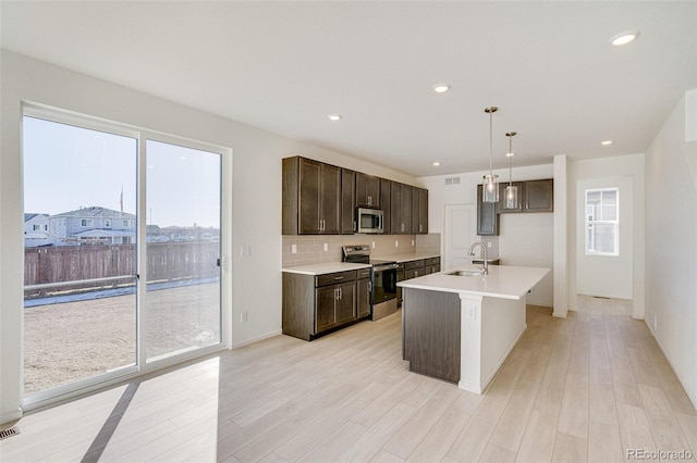 kitchen with sink, stainless steel appliances, tasteful backsplash, pendant lighting, and a center island with sink