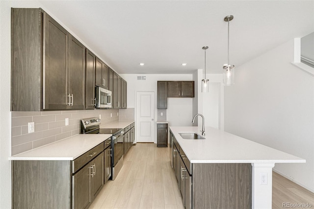 kitchen featuring sink, stainless steel appliances, an island with sink, pendant lighting, and light wood-type flooring