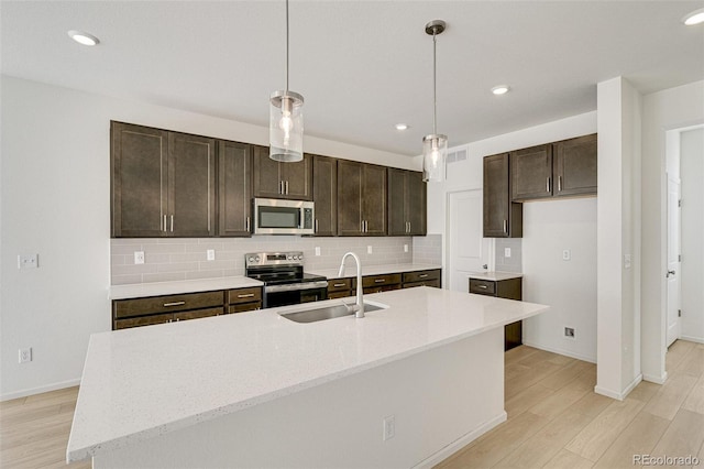 kitchen with light wood-type flooring, stainless steel appliances, hanging light fixtures, and a center island with sink