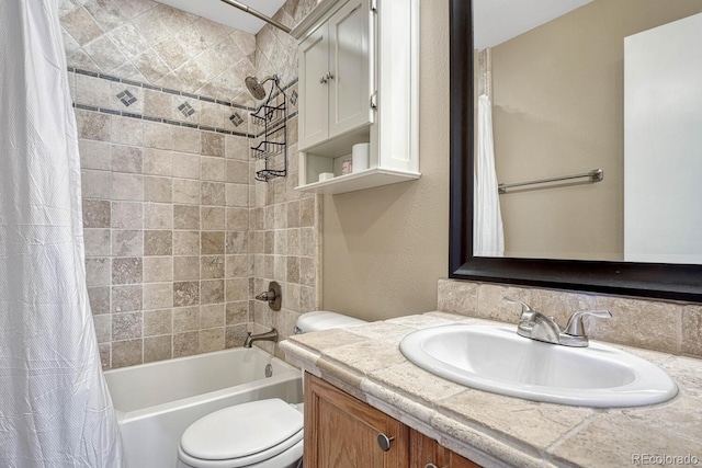 bathroom featuring vanity, toilet, and shower / tub combo with curtain