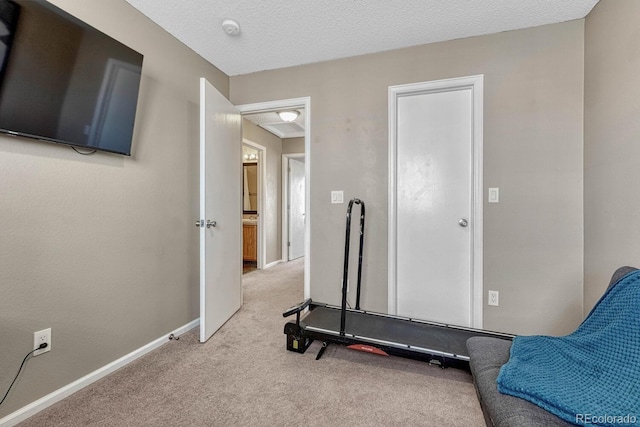 exercise area featuring a textured ceiling, baseboards, and light colored carpet