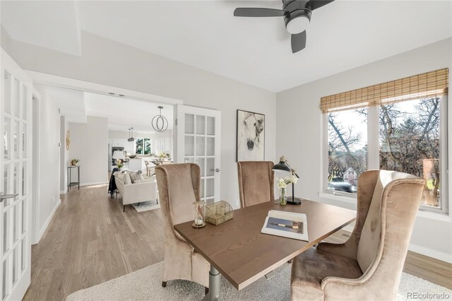 725 Nebula Ct, Colorado Springs, CO 80906 - dining space featuring french doors, light wood-style floors, ceiling fan, and an office area