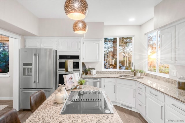 725 Nebula Ct, Colorado Springs, CO 80906 - kitchen with appliances with stainless steel finishes, light stone countertops, white cabinets, and wood finished floors