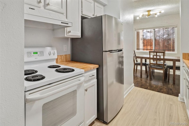 1060 S Parker Rd Unit 19, Denver, CO 80231 - kitchen featuring white electric range oven, under cabinet range hood, light wood-type flooring, wood counters, and white cabinets
