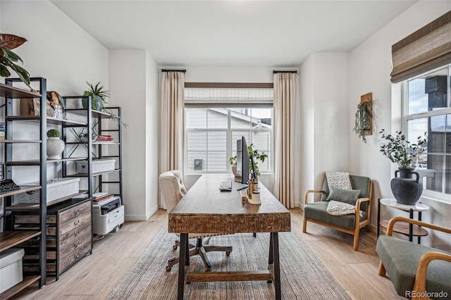 office space featuring baseboards, plenty of natural light, and light wood finished floors