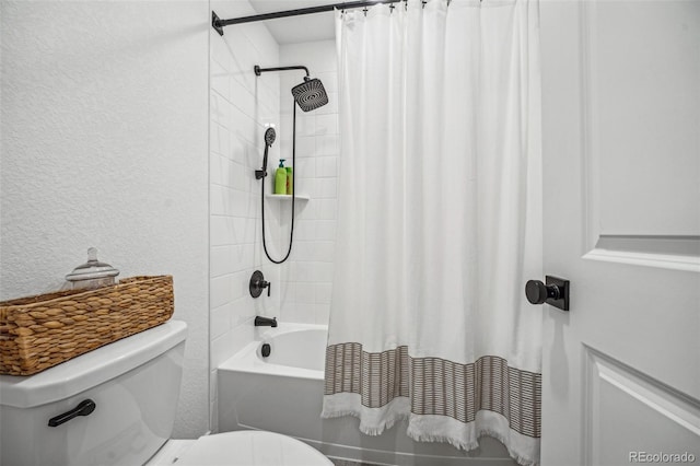 full bathroom with a textured wall, toilet, and shower / bathtub combination with curtain