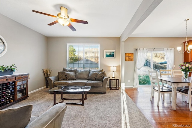 carpeted living area featuring ceiling fan with notable chandelier, baseboards, and a healthy amount of sunlight
