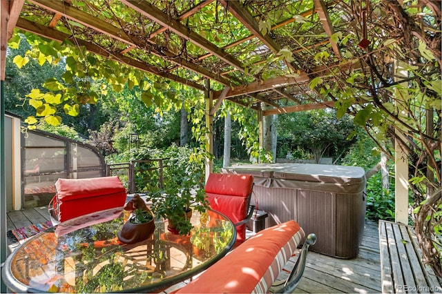1315 Tipperary St, Boulder, CO 80303 - wooden deck featuring a hot tub, a pergola, and area for grilling