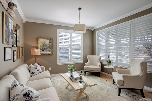 living room featuring ornamental molding, baseboards, and wood finished floors