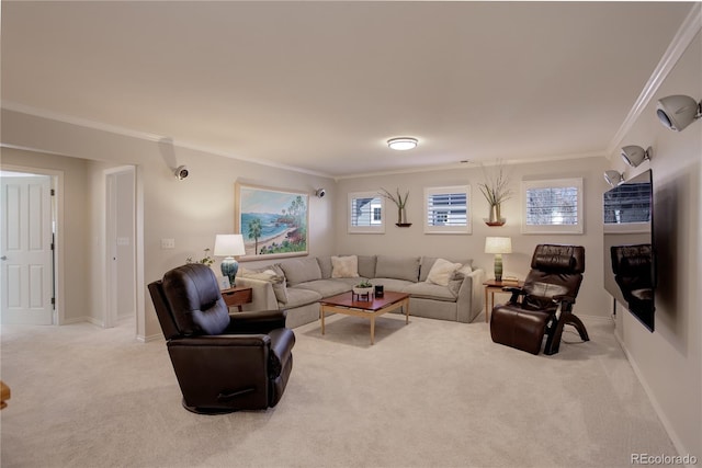 carpeted living room with crown molding and baseboards