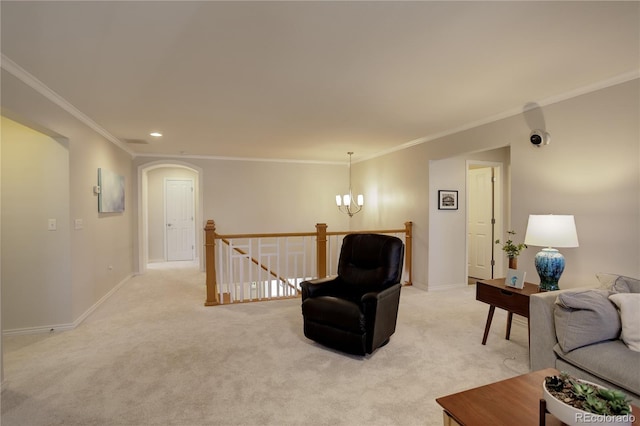 living area with light carpet, baseboards, and an inviting chandelier