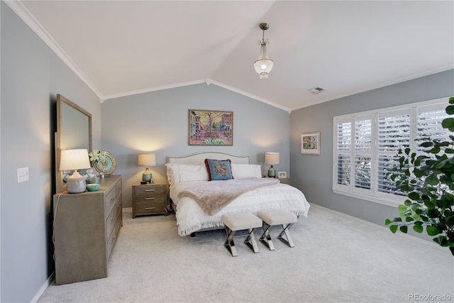 bedroom with lofted ceiling, ornamental molding, visible vents, and light colored carpet