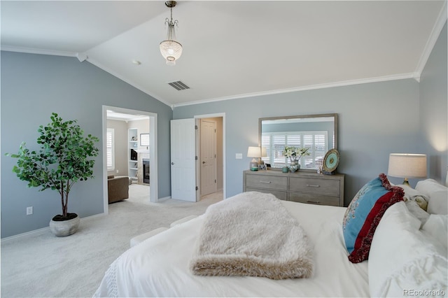 bedroom featuring carpet floors, visible vents, ornamental molding, vaulted ceiling, and baseboards