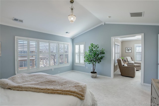 bedroom featuring vaulted ceiling, carpet, and visible vents