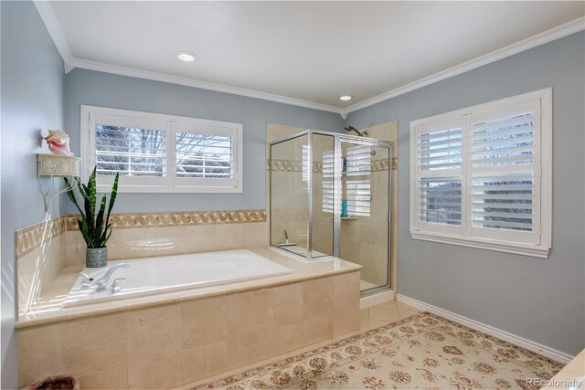 full bath with a stall shower, baseboards, ornamental molding, a garden tub, and tile patterned flooring