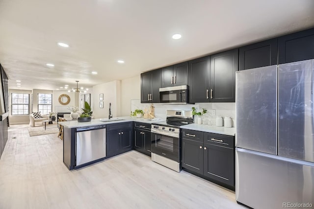 kitchen with light wood finished floors, appliances with stainless steel finishes, open floor plan, a sink, and a peninsula