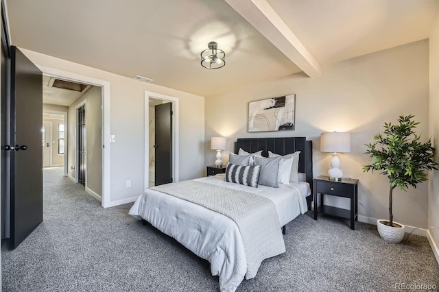 carpeted bedroom with beamed ceiling, visible vents, and baseboards