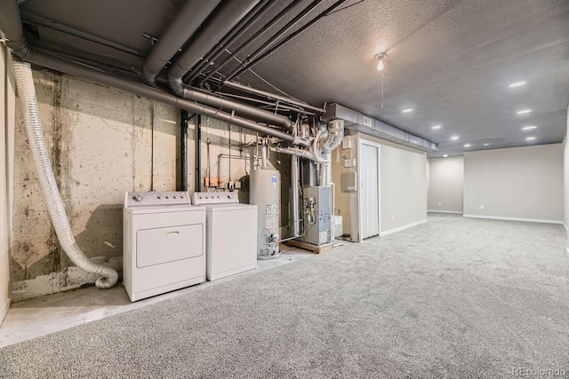 unfinished basement featuring heating unit, light colored carpet, gas water heater, and independent washer and dryer